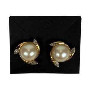 TAT Faux Pearl Earrings Gold Tone Rhinestone Studs Elegant Jewelry